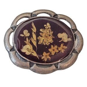 Gold Tone Dried Flower Resin Trombone Clasp Oval Brooch Pin L17